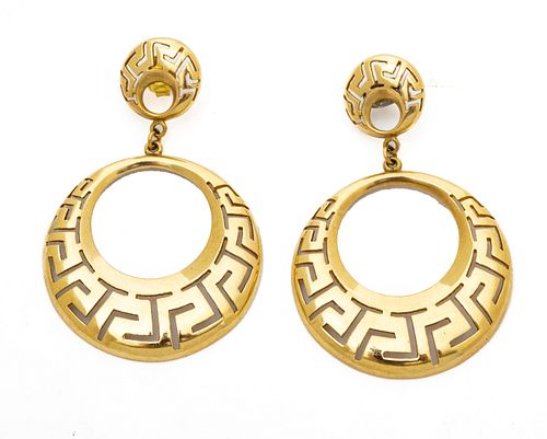 Grecian 14K Gold Hoop Drop Earrings H 2.2'' W 1.3'' 14.5g