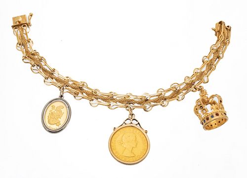 14k Gold Bracelet: 1958 Gold Sovereign, Eliz II Crown, L 7'' 36g