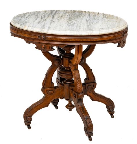 Eastlake Movement Walnut Oval Marble Top Table, Ca. 1870, H 30'' W 22'' L 32''