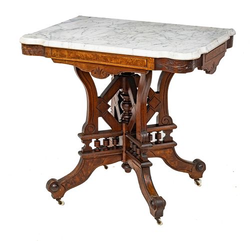 Eastlake Movement Walnut & Marble Top Table, Ca. 1870, H 30'' W 24'' L 33''