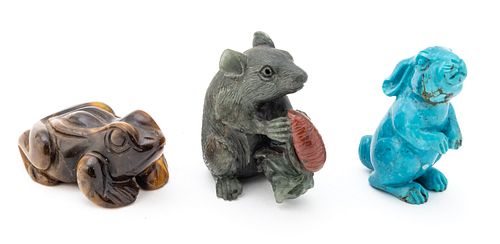 Carved Stone Miniature Animals: Tiger Eye Frog, Blue Stone Netsuke, Rat Eating Carrot H 2'' 3 pcs