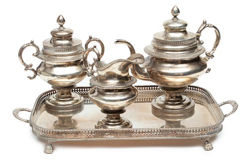 Clark & Coit (New York) Sterling Silver Tea Set, Ca. 1850, H 11'' W 6.5'' L 12'' 75.56t oz + Silver Plate Gallery Tray