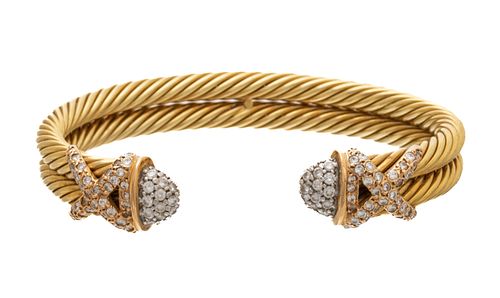 David Yurman Diamond And 18kt Yellow Gold Double Cable Cuff Bracelet W 2.7'' 35.4g