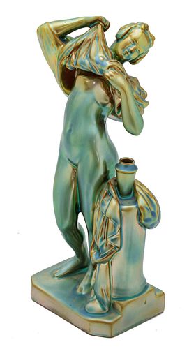 Zsolnay (Hungary) Glazed Iridescent Green Pottery Nude H 10.5'' W 3''