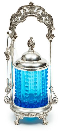 Silver Plate Pickle Castor, Blue Cannister, Eagle Finial Ca. 1880, H 12''