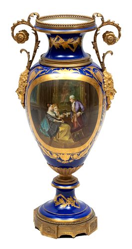 French Sevres Porcelain Double-handled Urn, 19th C., H 36.5'' Dia. 17.5''
