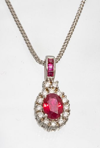18kt White Gold Necklace, 1.10ct Ruby & Diamond Pendant, L 16'' 7g
