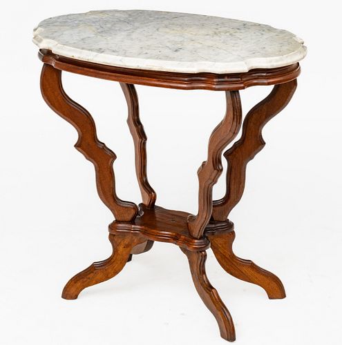 Walnut & Marble 'Turtle Top' Table, Ca. 1870, H 28'' W 18'' L 28''