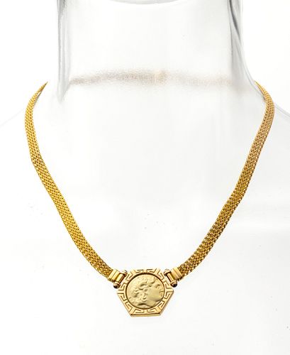 14K Yellow Gold Woven Necklace, Lapis Pendant, Greece L 16''
