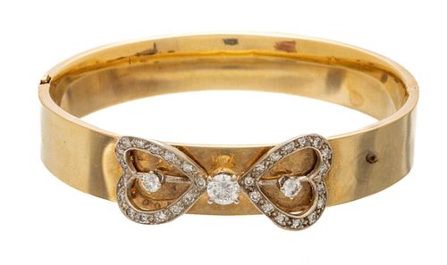Vintage Hinged Bangle Bracelet, Diamond Bowknot Ca. 1930, W 2.4'' 19.3g