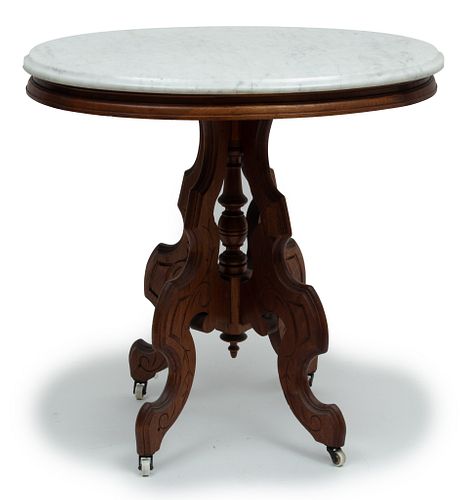 Eastlake Movement Cherry & Marble 'Turtle Top' Table, Ca. 1900, H 30'' W 22'' L 30''