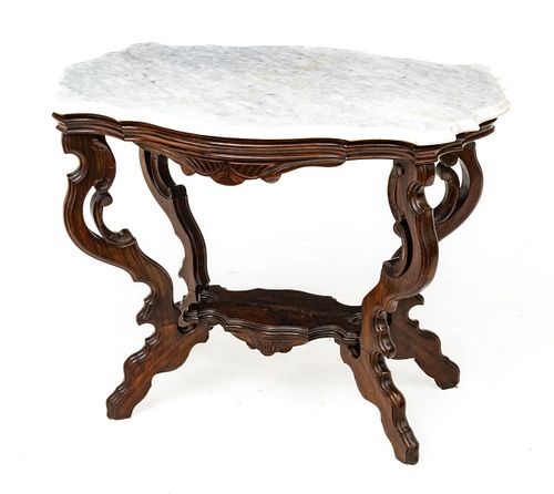 Eastlake Movement Walnut & Marble 'Turtle Top' Table, Ca. 1870, H 27'' W 18'' L 33''