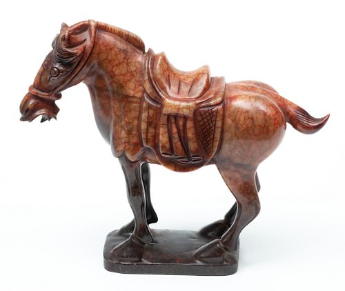 Chinese Carved Stone Standing Tang Style Horse With Saddle Ca. 1900, H 9'' W 11''