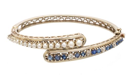 14K Yellow Gold Bangle Bracelet, Pearls, Sapphires, Diamonds Ca. 1950, W 2.6'' 21g