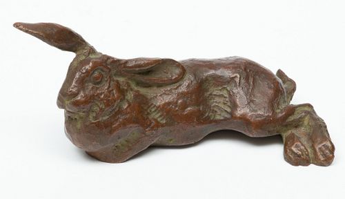 Miniature Bronze Sculpture, Ca. 19th C., Resting Rabbit, H 2'' W 4.5''