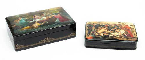 Russia Lacquer Boxes: The Zaporzhye Cossacks & Princess Dieow Miniature Painting Ca. 2000, L 8'' 2 pcs