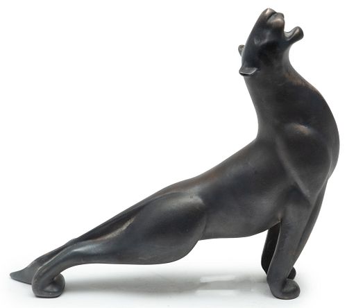 Loet Vanderveen (American/Dutch, 1921-2015) .999 Fine Silver Sculpture, Yawning Panther, H 7'' L 7.5'' 45t oz