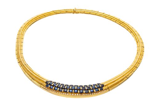 Grecian18 K Gold, Diamond And Blue Sapphire Link Necklace, L 20'' 112g