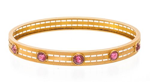 14K Gold Bangle Bracelet , Pink Sapphires Ca. 1950, W 2.7'' 12.1g