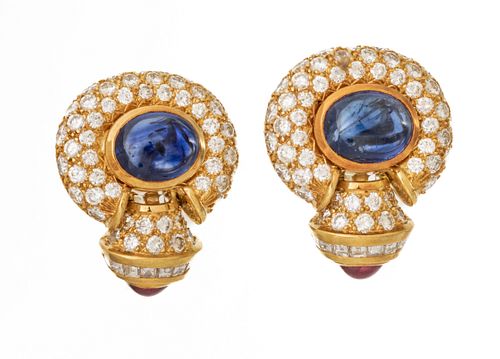 Blue Sapphire, Cabochon Ruby, Diamond Earrings 21g