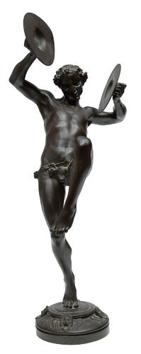 Eugene Desire Piron (France, 1875-1928) Bronze Sculpture, "Satyre Aux Cymbales", H 29'' W 15''