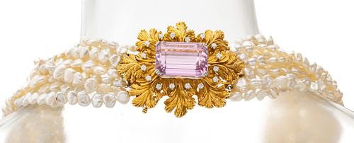 McTeigue & Co. (American, Est. 1895) 18kt. Yellow Gold, Platinum Diamond, And Rhodolite Garnet Torsade Pearl Necklace L 25''