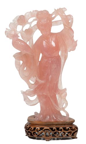 Chinese Rose Quartz Hand Carved Stone Figurine, H 10.25''