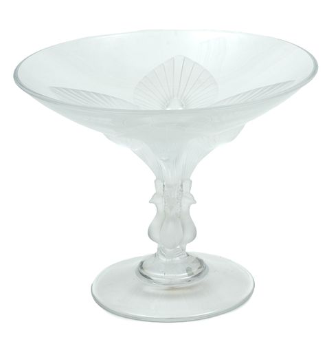 LaLique France Crystal Compote, Frosted Peacock Stem H 6.7'' Dia. 8.3''