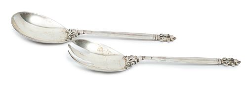 Georg Jensen (Danish, Est. 1904) 'Acorn' Sterling Silver Salad Fork & Spoon, L 9'' 6.65t oz