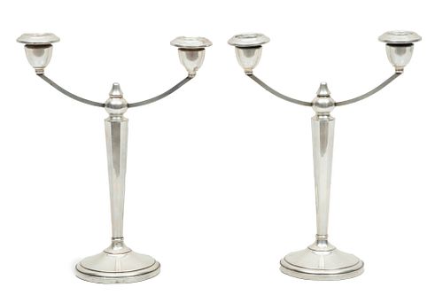 M. Fred Hirsch Co. (Jersey City, USA) Weighted Sterling Silver Candelabras, Ca. 1920, H 10.5'' W 9'' Depth 3.75'' 1 Pair