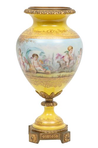 French Sevres Porcelain Urn Ca. 1900, No Cover, H 16''