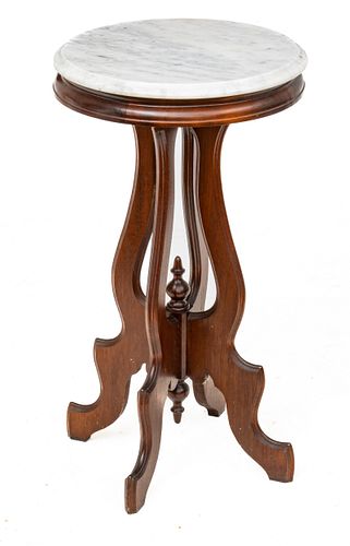 Eastlake Movement Walnut & Marble Pedestal Table, Ca. 1870, H 29'' Dia. 15''