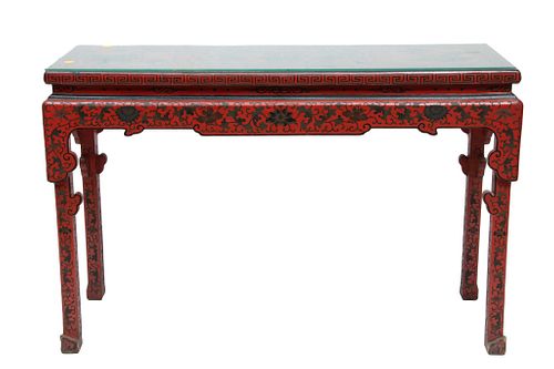 Chinese Carved Wood & Red Lacquered Altar Table, H 32.5'' L 51'' Depth 18''