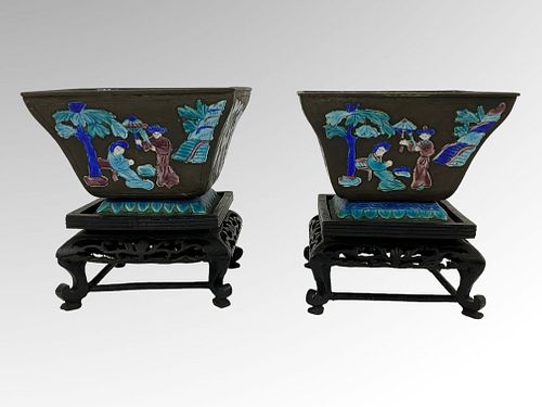 Pair Metal & Enamel Cloisonne Square Bowls with Stands
