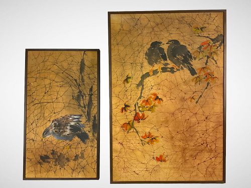 Two Japanese Ink and Brush Framed Paintings on Stretched Canvas 