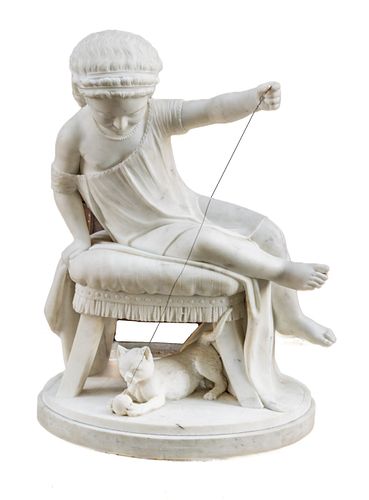 Carlo Uboldi (Italian, 1821-1884) Carved Marble Sculpture,  1878, Young Girl Playing With Kitten, H 32'' L 24'' Depth 20''