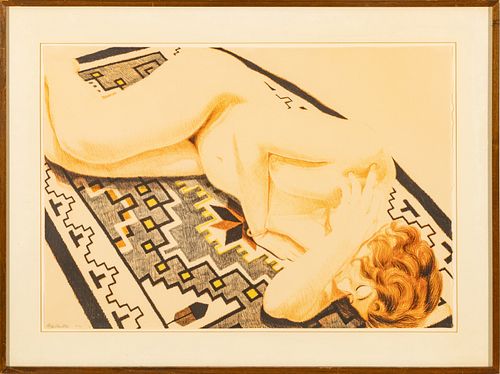 Philip Pearlstein (American, B. 1924) Lithograph In Colors On Paper, 1974, Model On Grey Patterned Rug II, H 22.5'' W 32.5''