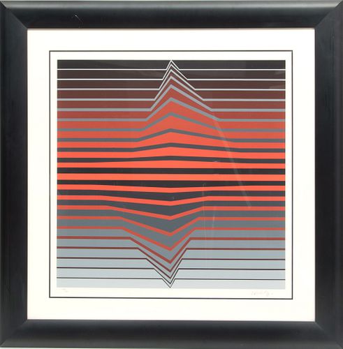 Victor Vasarely (French/Hungarian, 1906-1997) Op Art, Screenprint In Colors On Wove Paper, 1990, Black & Red Lines, H 25'' W 25''