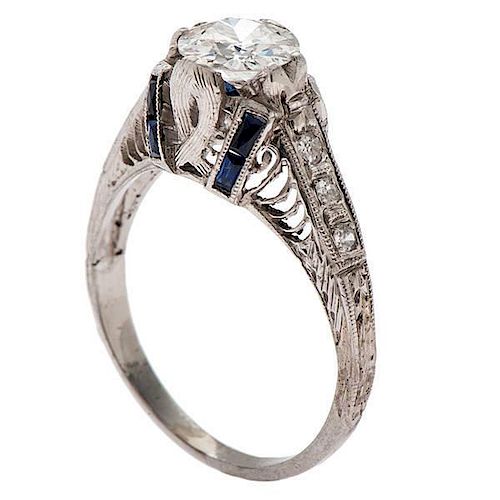 E.G.L. U.S.A. Certified Vintage Diamond and Sapphire Filigree Ring 