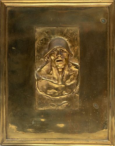 Constantin Meunier (Belgium, 1831-1905) Gilded Bronze Plaque, Kopf Eines Puddlers, H 7'' W 3.75''