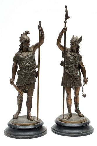 Patinated Spelter Sculptures, Late 19th/early 20th C., Germanic Warriors, H 18.5'' Dia. 6.5''