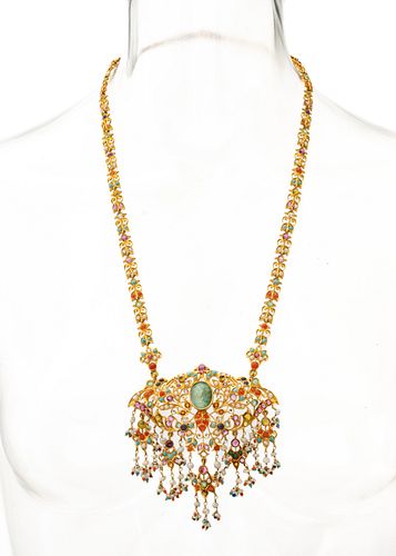 Indian Yellow Gold Emerald, Sapphire, Ruby, Turquoise, And Pearl Necklace L 25''