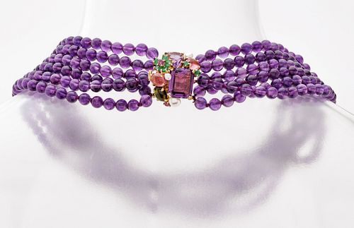 Amethyst, Emerald, Ruby, And Pearl Necklace L 19''