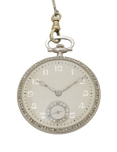 Bucherer White Gold And Diamond Surround Pocket Watch With Chain Ca. 1920