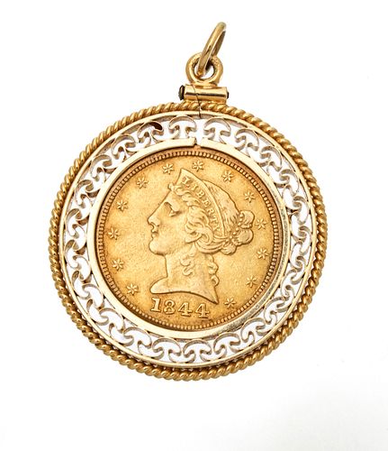 1844 Liberty $5 Gold Coin Mounted As Pendant
