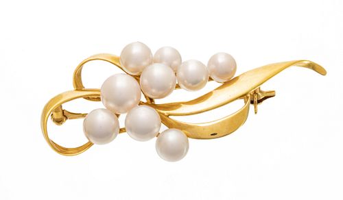18k Yellow Gold And Freshwater Pearl Brooch, L 2''