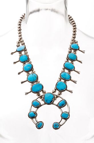 Navajo Silver Squash Blossom Necklace With Turquoise L 20'' 130g