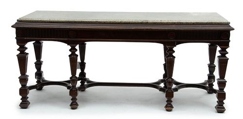 Steinway Jacobean Style Carved Mahogany And Granite Top Console Table, Ca. 1900, H 31'' W 28'' L 72''