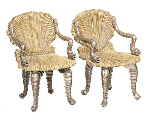 Maitland-Smith (British) Silvered And Painted Wood Grotto Armchairs, H 36'' W 24'' Depth 24'' 2 pcs