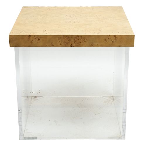 Baker Furniture (American) Burled Wood & Lucite Base Table, H 25'' W 25'' L 25''